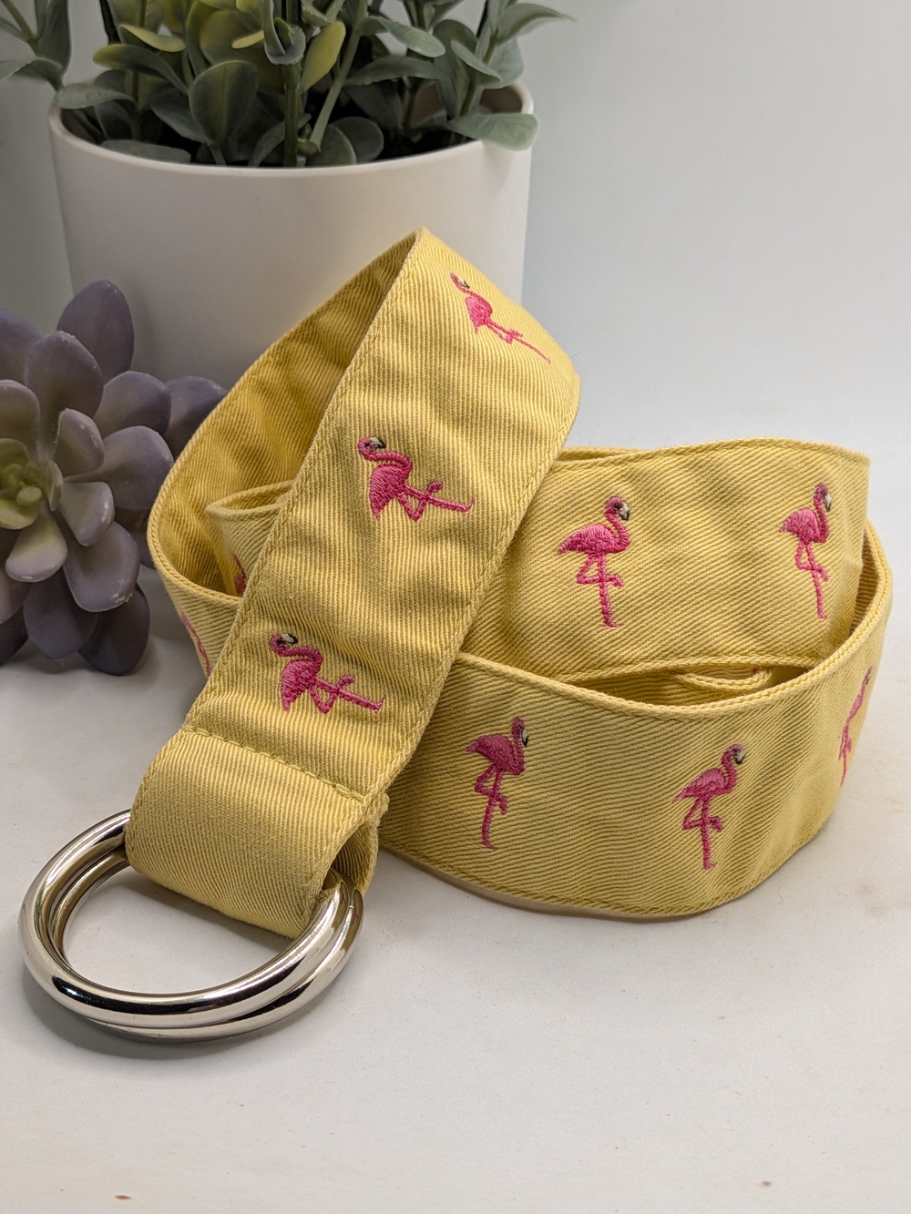 J. Crew Yellow Fabric Belt with Pink Flamingo Embroidery